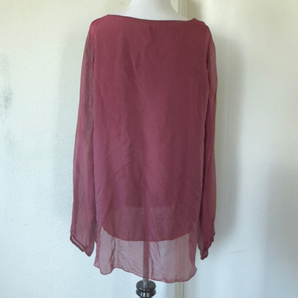 Italian Silk Sequin Sheer Blouse Mulberry Wine Tunic Top Boho Sz M Quiet Luxury - Picture 3 of 7